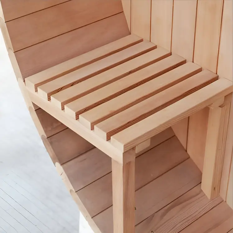 Outdoor wood sauna seating detail