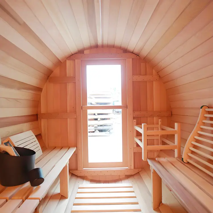 Wooden round sauna interior